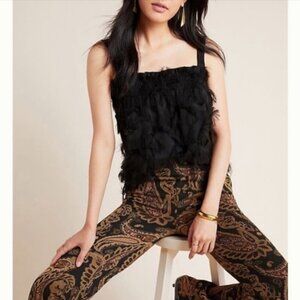 Anthropologie Waverly Grey Eyelash Feather Tank Top Blouse Fringe Black MEDIUM